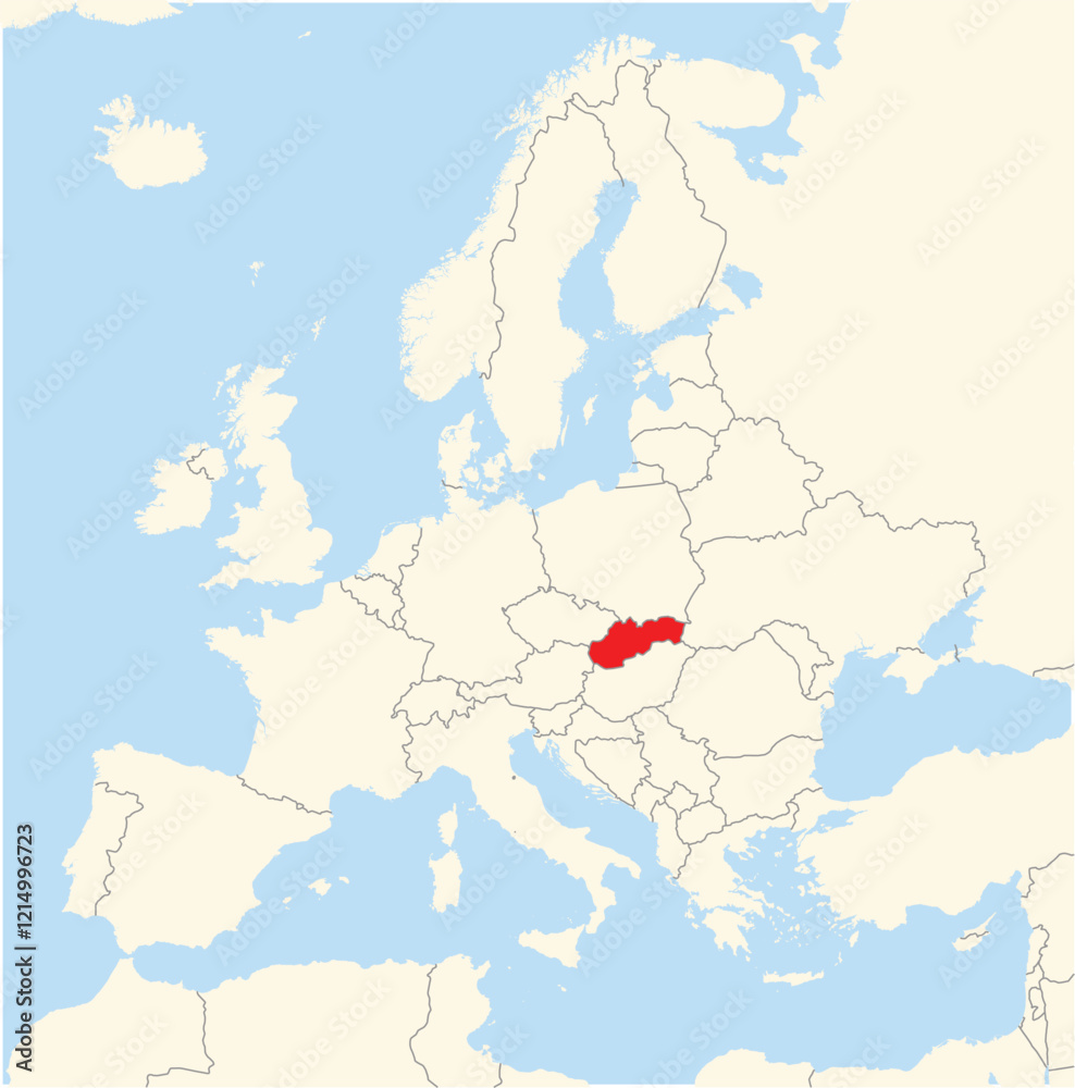 Fototapeta premium Location Map of the country Slovakia in Europe. The country is highlighted with a red polygon. No labels at all.