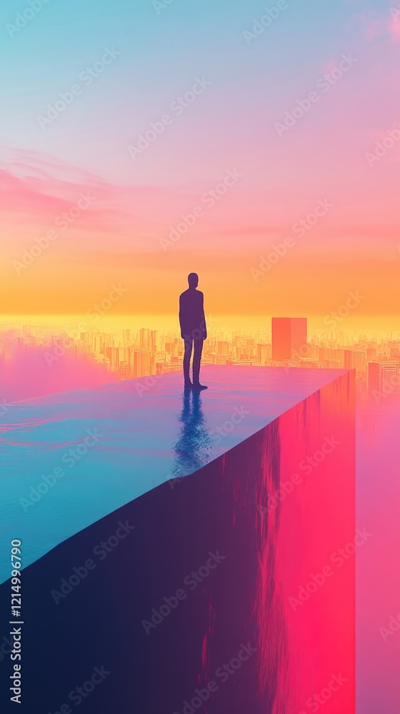 A 3d illustration of a solitary figure stands at the edge of a vast. A 3d illustration of a solitary figure stands at the edge of a vast.