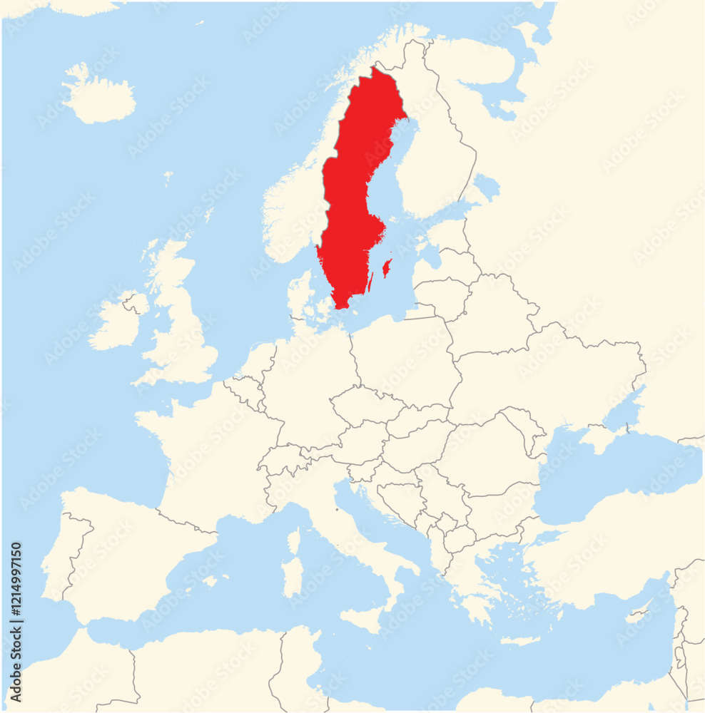 Obraz premium Location Map of the country Sweden in Europe. The country is highlighted with a red polygon. No labels at all.