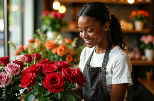 Saleswoman ebony girl holding bouquet of red roses in flower shop, Valentine's Day. High quality photo photo