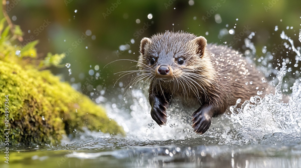 European mink diving into clear river near a mossy bank its wet fur glistening in the sunlight as droplets splash around captured with a high speed telephoto lens for action realism European mink diving into clear river near a mossy bank its wet fur glistening in the sunlight as droplets splash around captured with a high speed telephoto lens for action realism