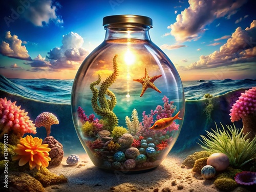 Enchanting Ocean in a Glass Bottle: Seahorse and Starfish Seascape photo