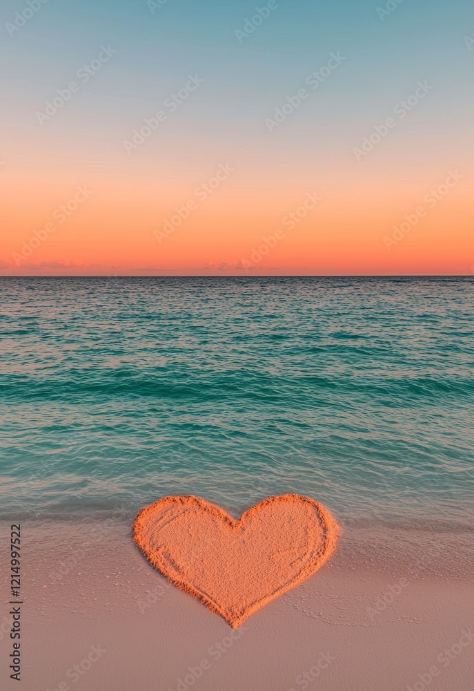 Fototapeta premium Heart Shape Made of Sand on Tranquil Beach at Sunset with Vibrant Colors