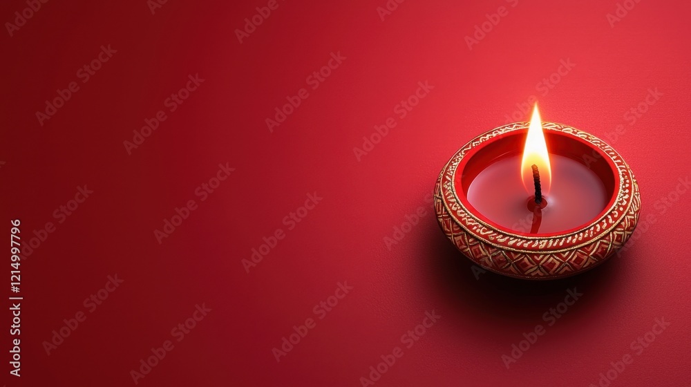 Elegant single clay oil lamp burning softly on a deep red background, symbolizing warmth, light, and celebration during festivals and special occasions