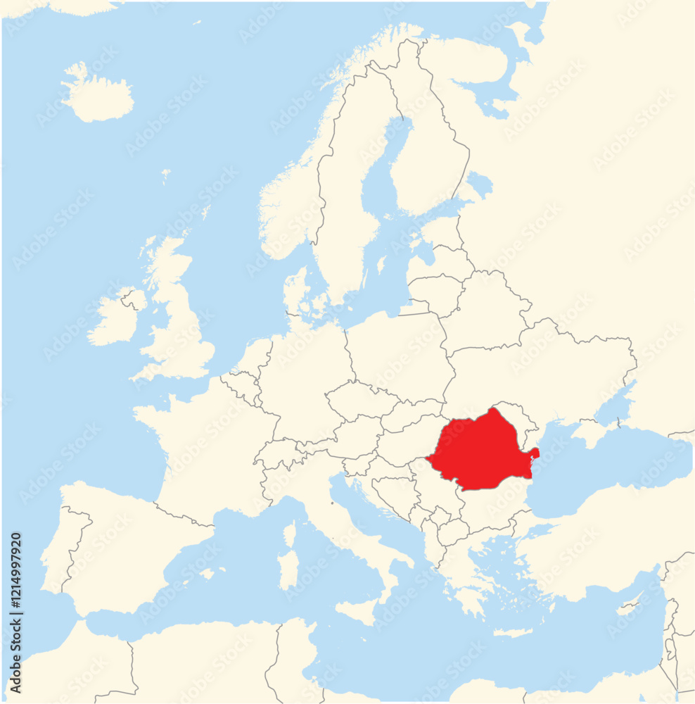 Naklejka premium Location Map of the country Romania in Europe. The country is highlighted with a red polygon. No labels at all.