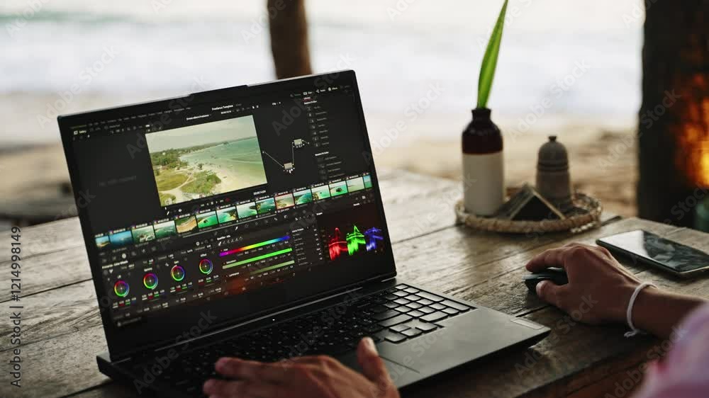 Video editor works on color grading footage at beach cafe. Man adjusts video clips on laptop with ocean view at sunset. Creative professional edits film at seaside, freelance lifestyle. Slow motion.