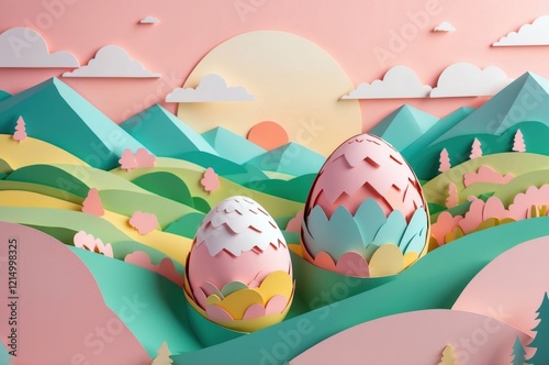 Colorful abstract paper cut easter egg(s) illustration with dreamy fantasy landscape and pastel colors decoration, seasonal holiday, culture and religion theme concept texture design.
 photo