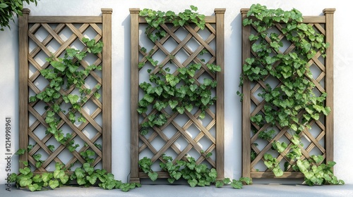 Wooden trellis with green ivy plants covers light gray wall. Rustic garden design element. Natural, decorative. Home decor landscaping. Outdoor garden design. Ideal for backyard patio. Plant life