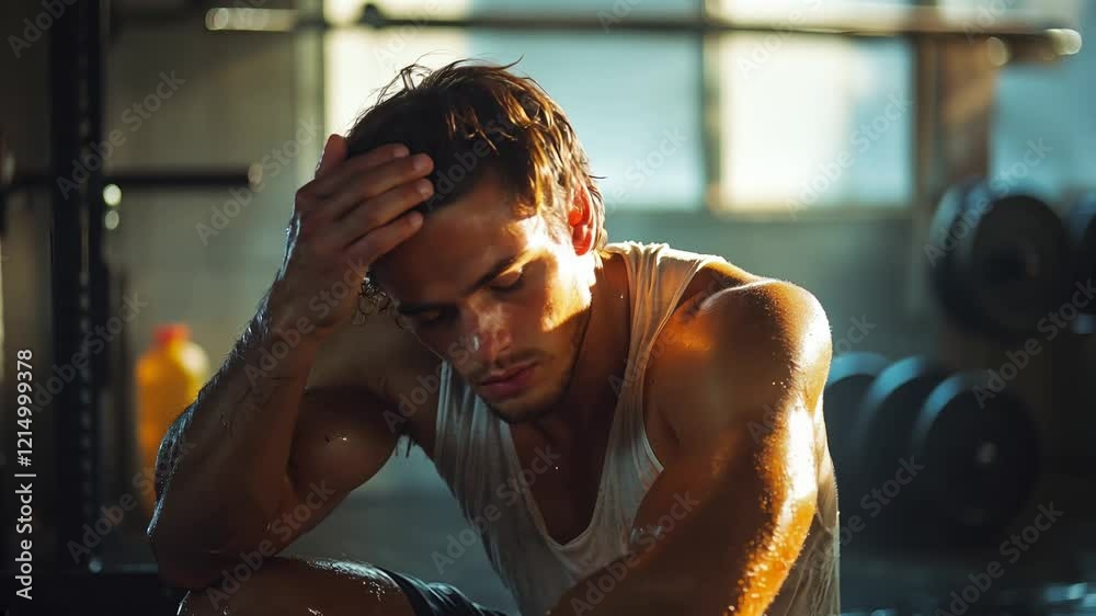 Schwitzer junger Mann im Fitnessstudio nach einem intensiven Workout


