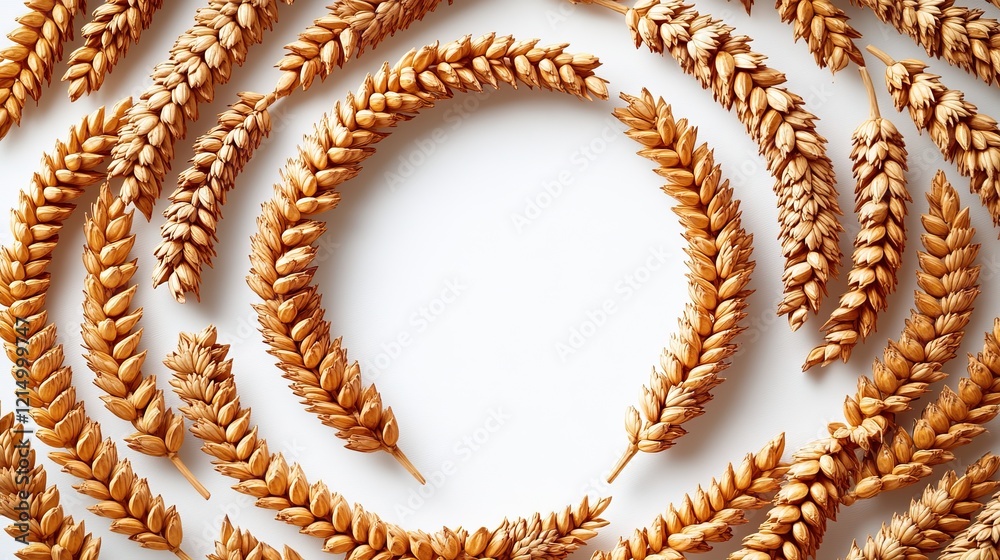 Wheat stalks circle, white background, food design Wheat stalks circle, white background, food design