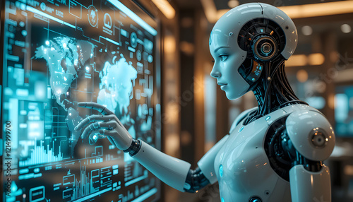 High-Tech Humanoid Robot Working at Digital Interface – AI Integration in Various Industrie