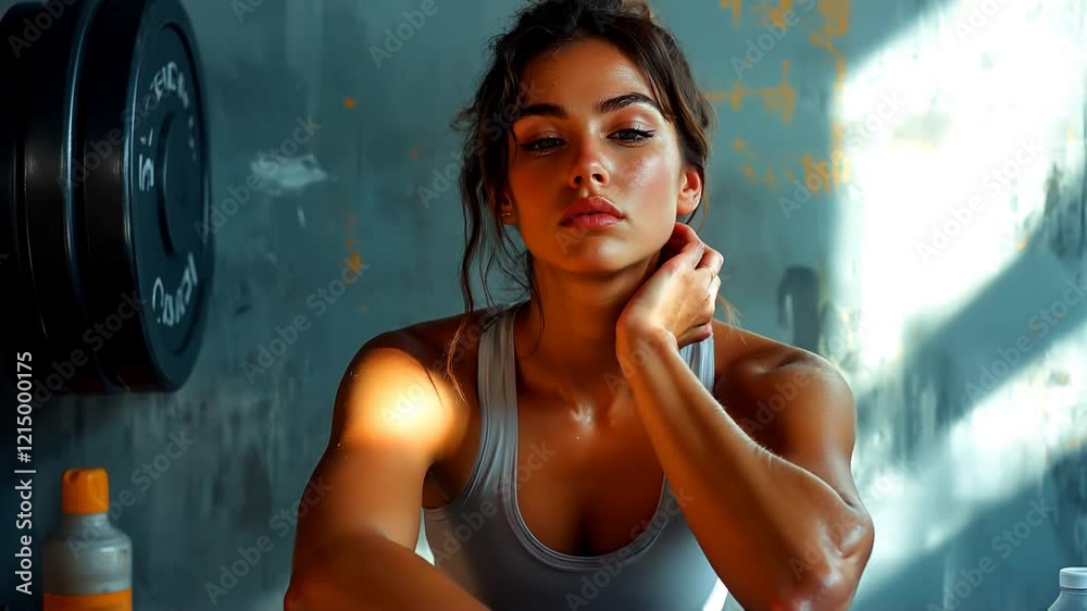 Schwitzende junge Frau im Fitnessstudio nach einem intensiven Training

