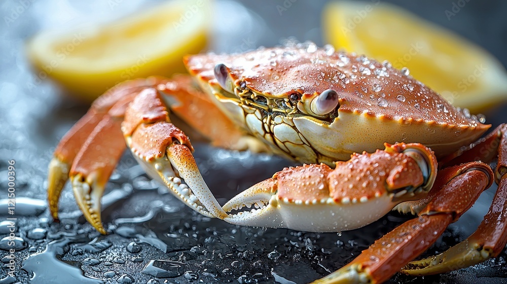 Close-up of a cooked Dungeness crab with lemon wedges. Close-up of a cooked Dungeness crab with lemon wedges.