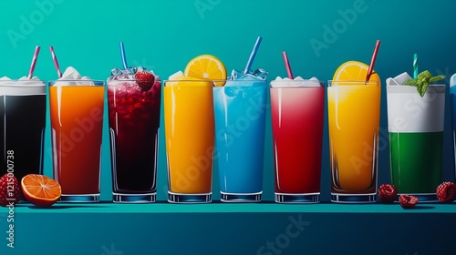 A vibrant collection of colorful drinks, beautifully presented in tall glasses with a variety of fresh fruits and straws. Perfect for summer, tropical, or health-related themes photo