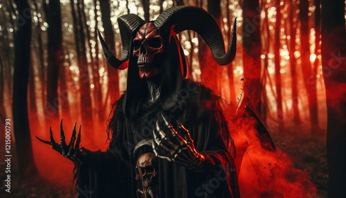 Grim reaper with horns in the forest. Halloween concept, Baphomet demon, goat god Lucifer. Generative AI.
