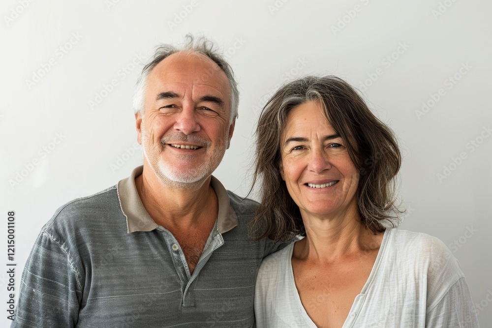 Portrait of a happy couple in their 50s wearing a simple cotton shirt over white background Portrait of a happy couple in their 50s wearing a simple cotton shirt over white background