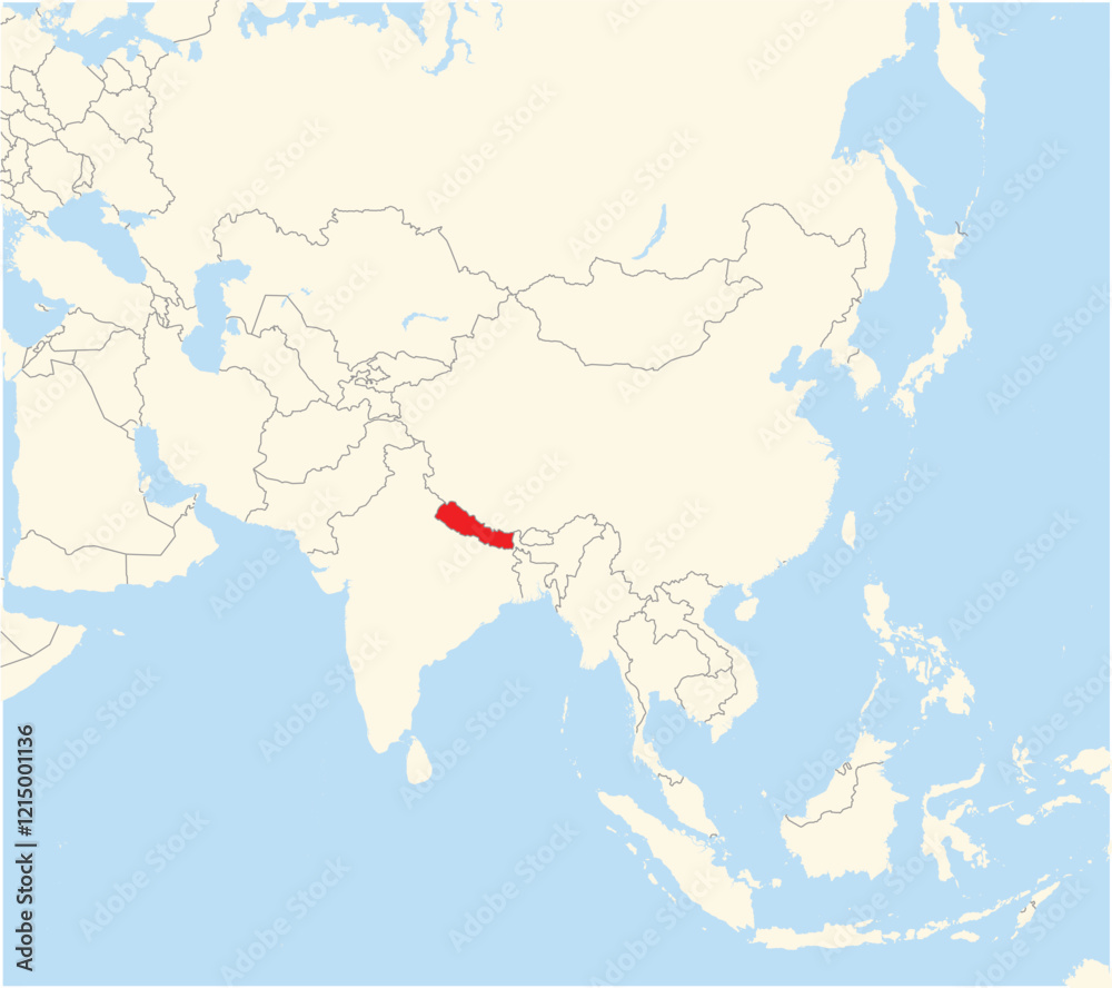 Obraz premium Location Map of the country Nepal in Asia. The country is highlighted with a red polygon. No labels at all.