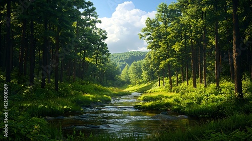 Serene Forest Landscape with Stream and Lush Green Vegetation