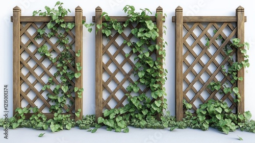 Wooden garden trellis with green ivy. Design element for garden decor. Rustic wooden lattice fence. Isolated on white background. Ideal for garden design, landscaping projects. Trellis covered with