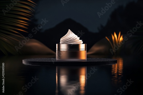 A luxurious cosmetic cream jar glowing in a serene, darkened environment with palm leaves and reflections, conveying elegance and high-end skincare photo