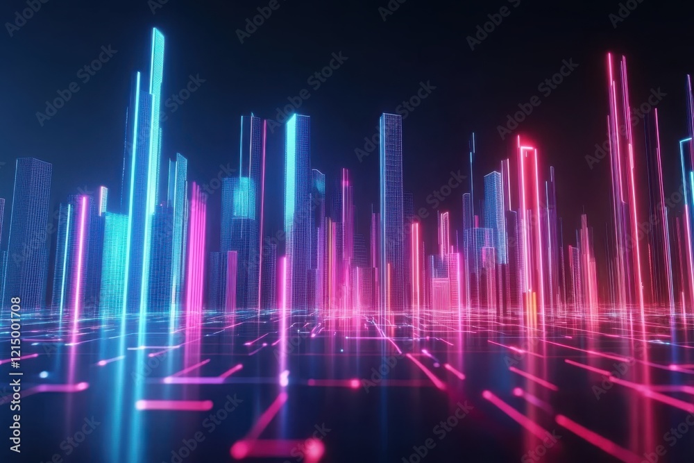 Fototapeta premium Modern digital abstract 3D surface background. Surface with volumetric graphs columns in neon colors.