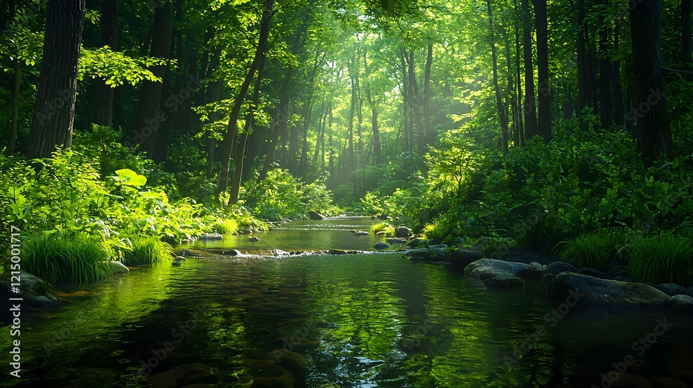 Tranquil Forest Landscape with Serene Stream and Lush Green Foliage Tranquil Forest Landscape with Serene Stream and Lush Green Foliage