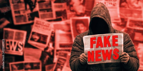 A mysterious figure holds a sign reading 'FAKE NEWS' against a backdrop of newspaper clippings.