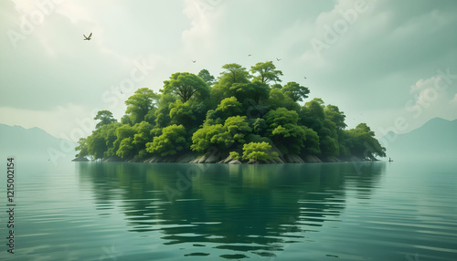 Lush Green Island Surrounded by Calm Blue Ocean – Symbolizing Nature Preservation