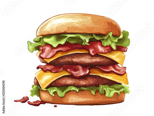 Isolated Double Layer Burger with Bacon and Cheese