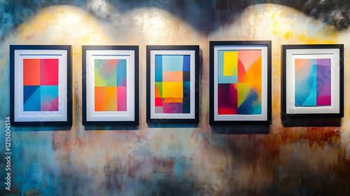 A vibrant wall display of colorful abstract art, framed in sleek black frames and hung on a textured wall