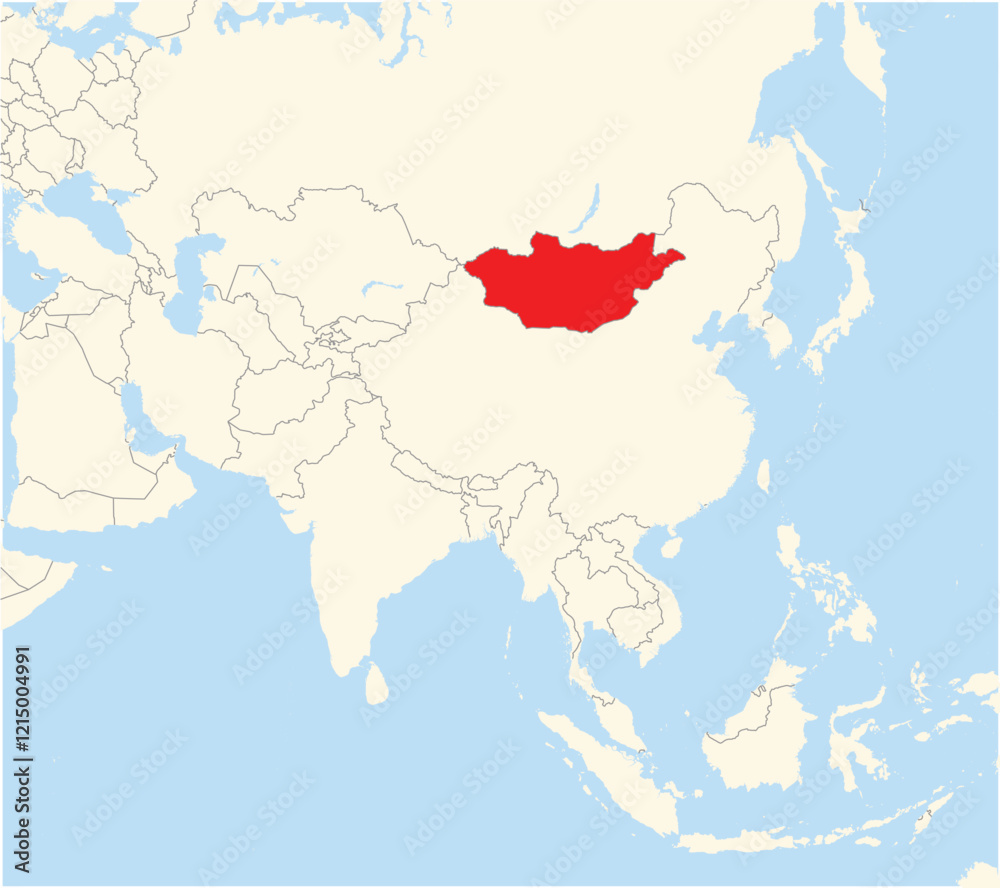 Location Map of the country Mongolia in Asia. The country is highlighted with a red polygon. No labels at all. Location Map of the country Mongolia in Asia. The country is highlighted with a red polygon. No labels at all.