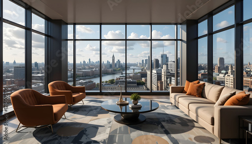 Modern Luxury Apartment with Stylish Sofa Chairs and Large Glass Windows Overlooking Cityscape – Representing Elegant Interior Design