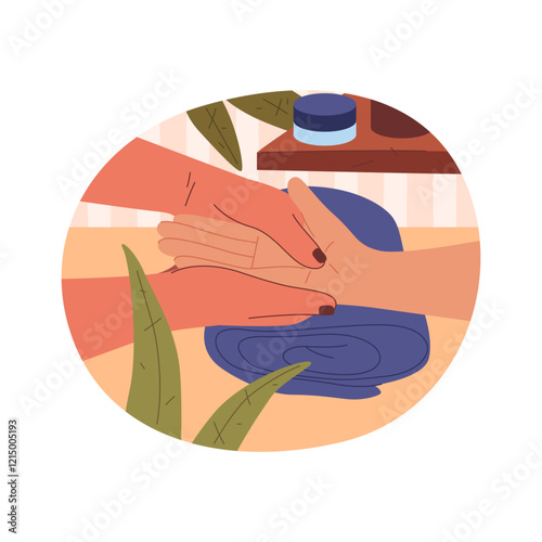 Hand massage poster or palm therapy illustration. Flat vector banner for spa or beauty salon. Skin care and tension release. Finger health and comfort. Reflexology and treatment symbol. Rejuvenation.