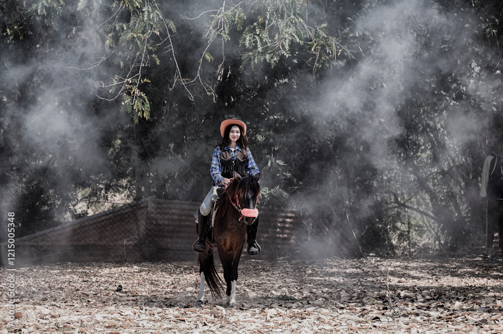 Obraz premium woman riding a horse in farm.