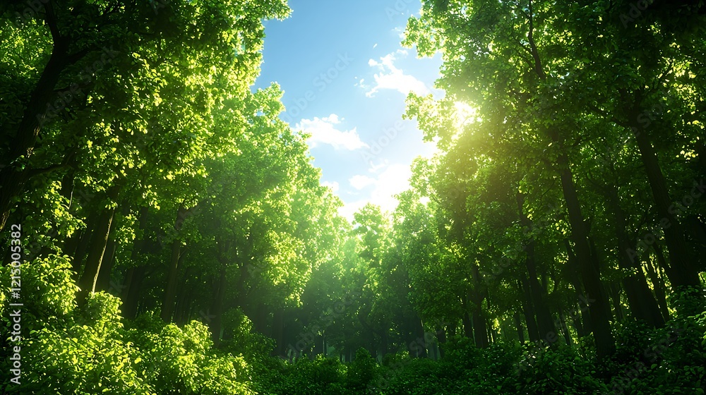 Fototapeta premium Sunlight Streaming Through Lush Green Forest Canopy in Nature