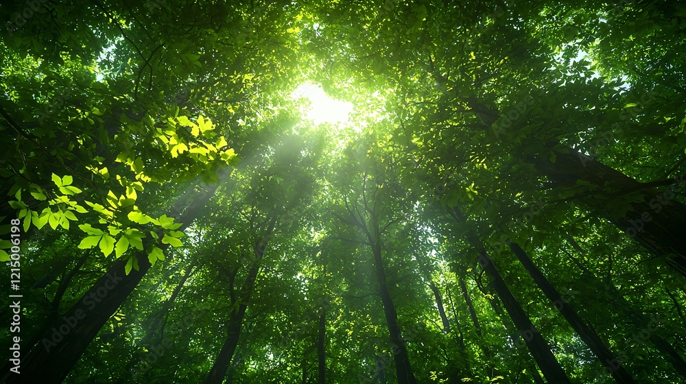 Obraz premium Sunlight Streaming Through Lush Green Trees in Dense Forest Canopy