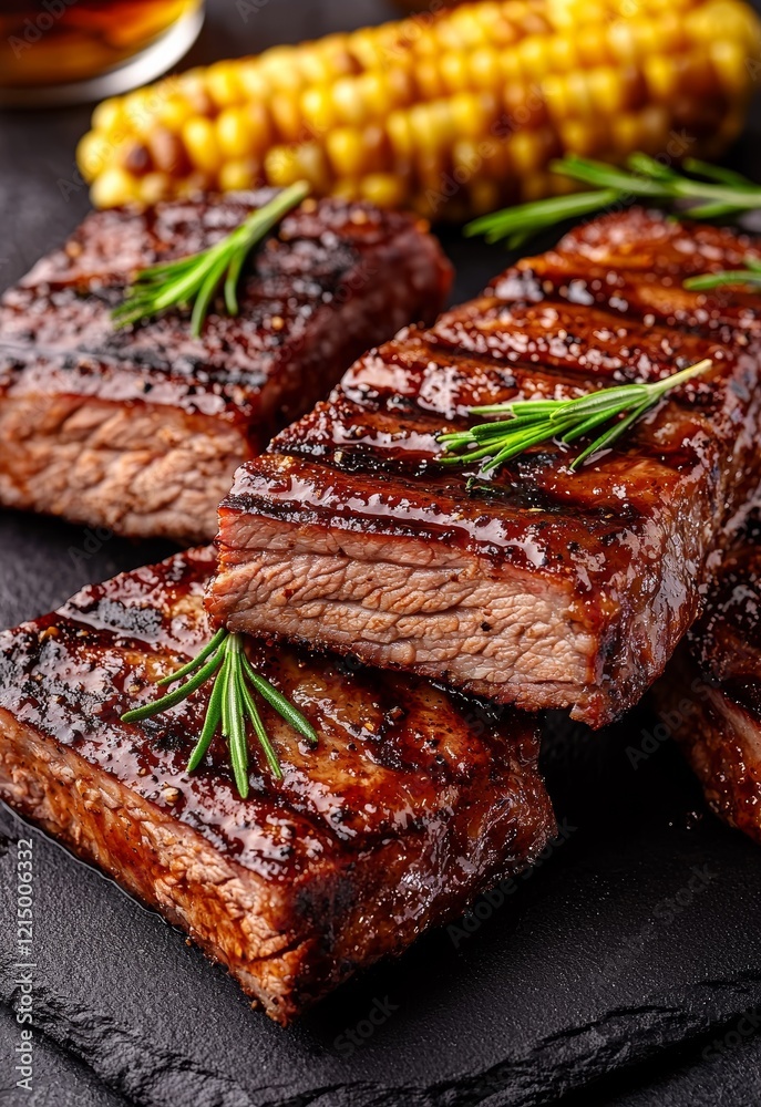 Smoky Glazed BBQ Ribs Served with Corn on the Cob on a Dark Slate Background