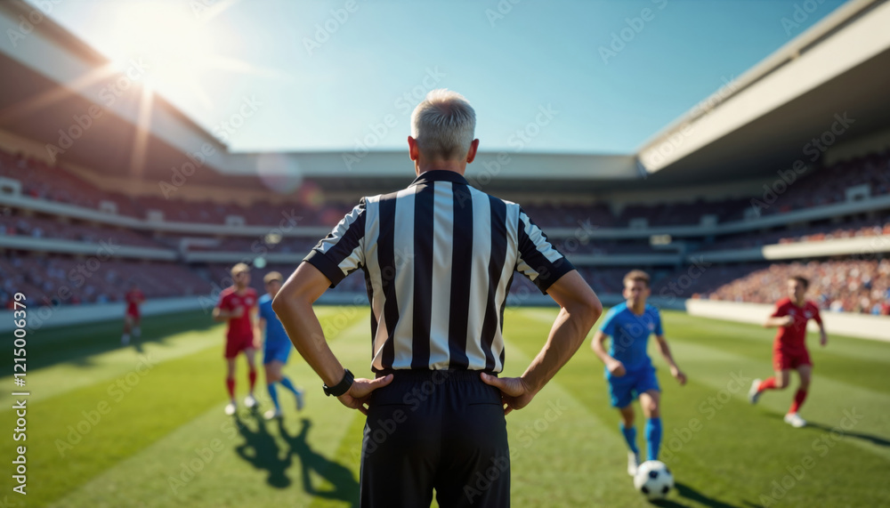 Obraz premium A soccer referee stands monitoring fair play with hands on hips, as football players immerse in a competitive match on a bright afternoon. Spectators cheer from the stands