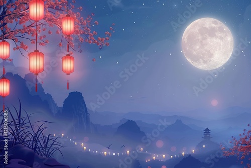 hyper realistic detailed, and blank banner template with text , Mid Autumn Festival , hyper smooth render, banner without text, rule of thirds Intricate  photo