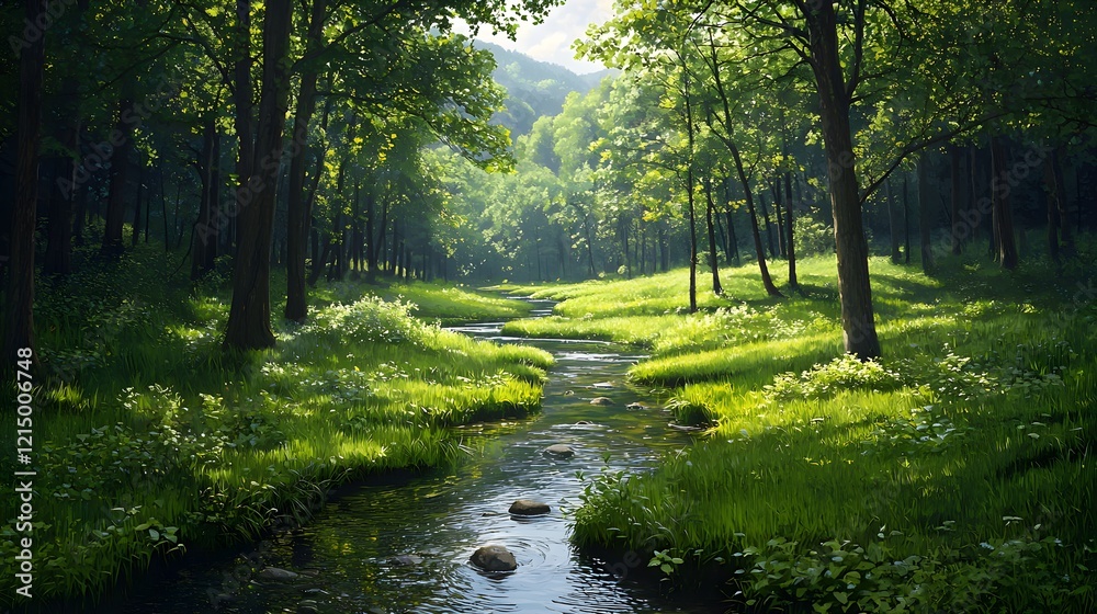 Obraz premium Lush Green Forest with Stream in Serene Natural Landscape