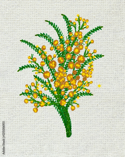 Obraz na plátně Yellow Mimosa flowers embroidered with glittering thread on textured fabric, featuring backstitch, fly, chain , wagan, star stitchs