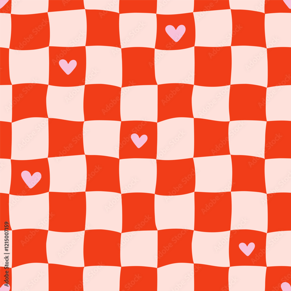Abstract Y2K seamless pattern. Checkered background with hearts. Minimalistic retro design print for bachelorette or wedding party. Vector illustration.