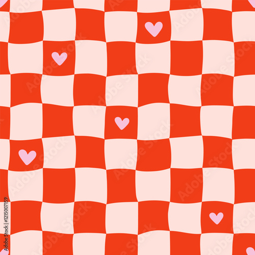 Abstract Y2K seamless pattern. Checkered background with hearts. Minimalistic retro design print for bachelorette or wedding party. Vector illustration.