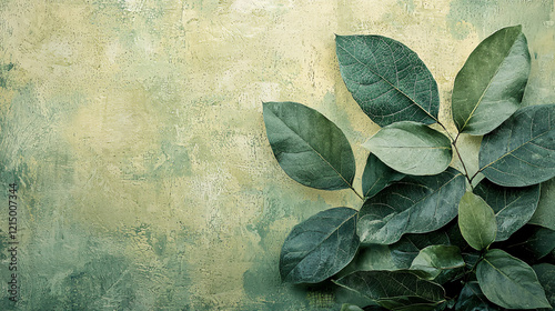 An abstract representation of tropical green leaves, blending soft textures and a calm atmosphere, bringing a sense of relaxation and natural tranquility. 