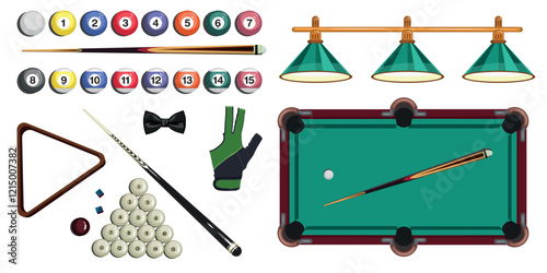 Billiards equipment set in vector style, featuring numbered balls, two cues, a triangle rack, and gloves. The green pool table under classic overhead lights on the white background.
