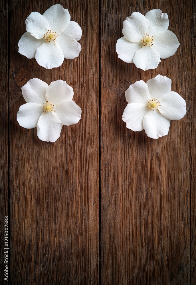 Elegant White Roses on Dark Stained Wood Surface with Textured Background Elegant White Roses on Dark Stained Wood Surface with Textured Background