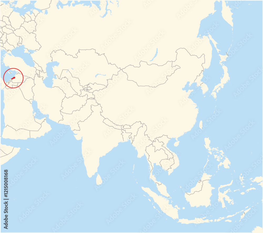 Location Map of the country Lebanon in Asia. The country is highlighted with a red polygon. No labels at all. Location Map of the country Lebanon in Asia. The country is highlighted with a red polygon. No labels at all.