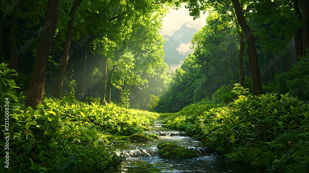 Serene Forest Scene with Stream and Lush Green Foliage at Sunrise Serene Forest Scene with Stream and Lush Green Foliage at Sunrise