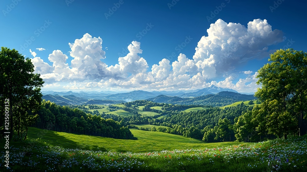 Fototapeta premium Expansive Green Landscape with Rolling Hills and Dramatic Clouds