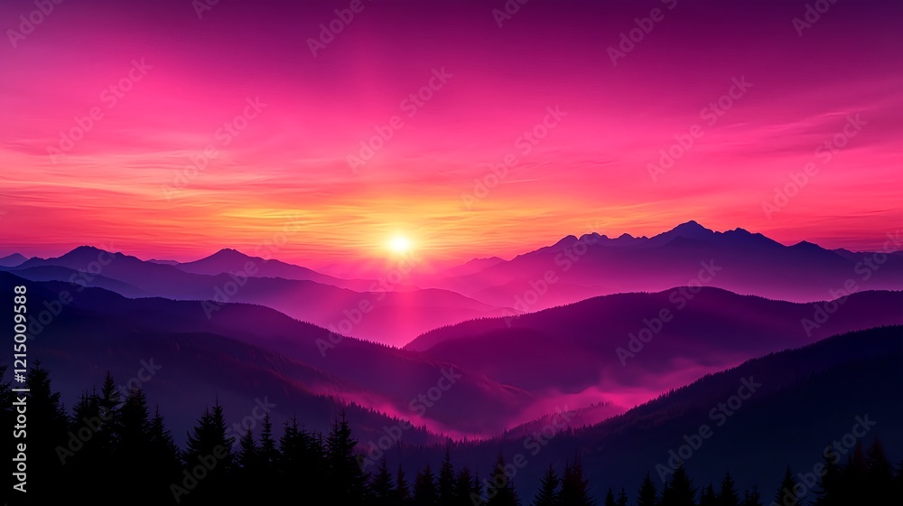 Fototapeta premium Stunning Purple Sunrise Over Majestic Mountains and Rolling Hills
